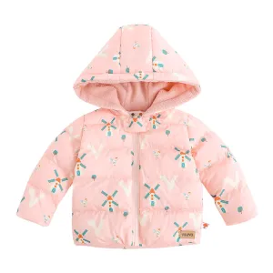 Vauva FW23 - Baby Girls Pinwheel All Over Print Padded Coat with Hood (Pink)