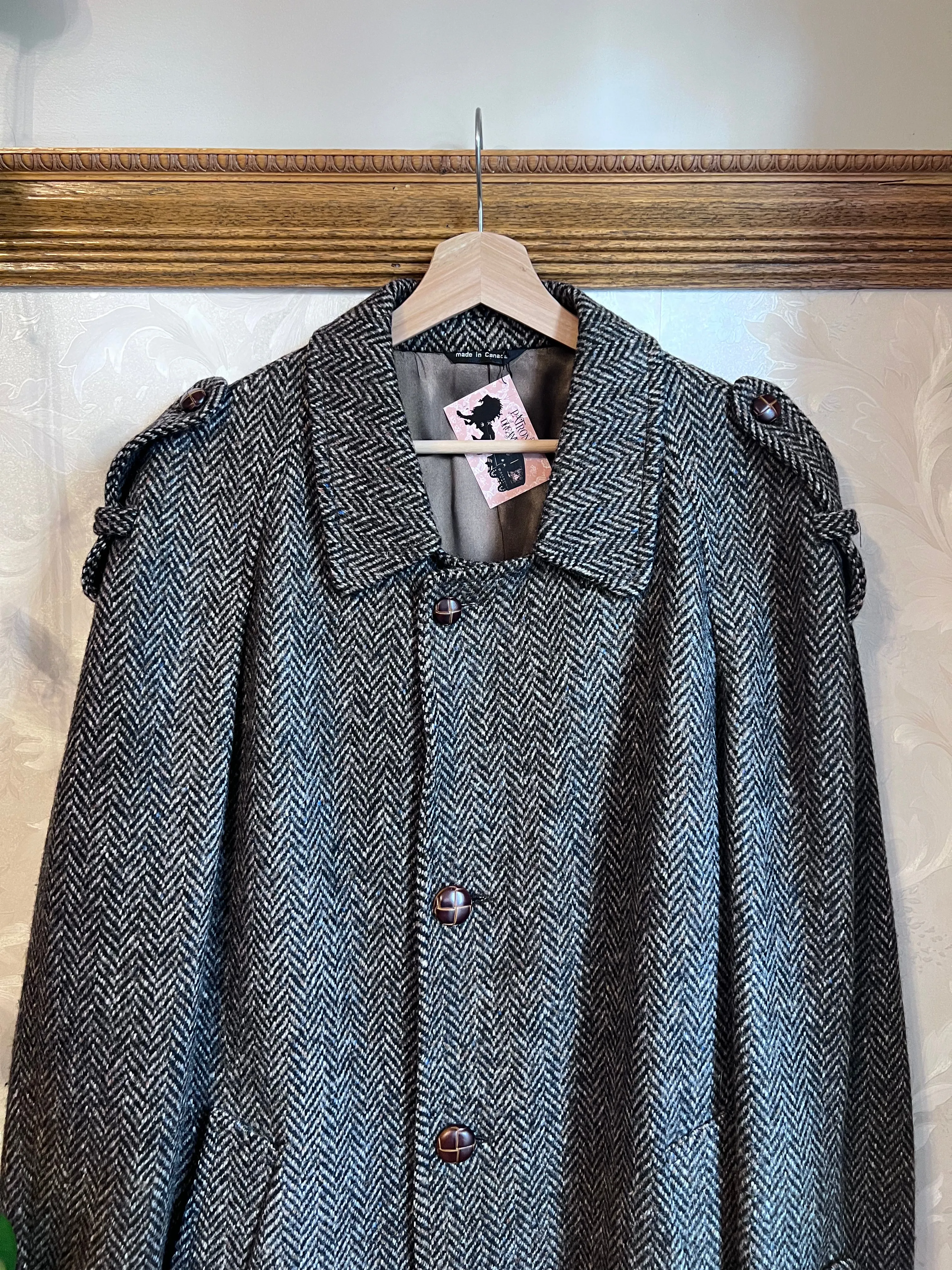 Vintage 80's Wool Herringbone Tweed Trench Overcoat ("Men's" XL)