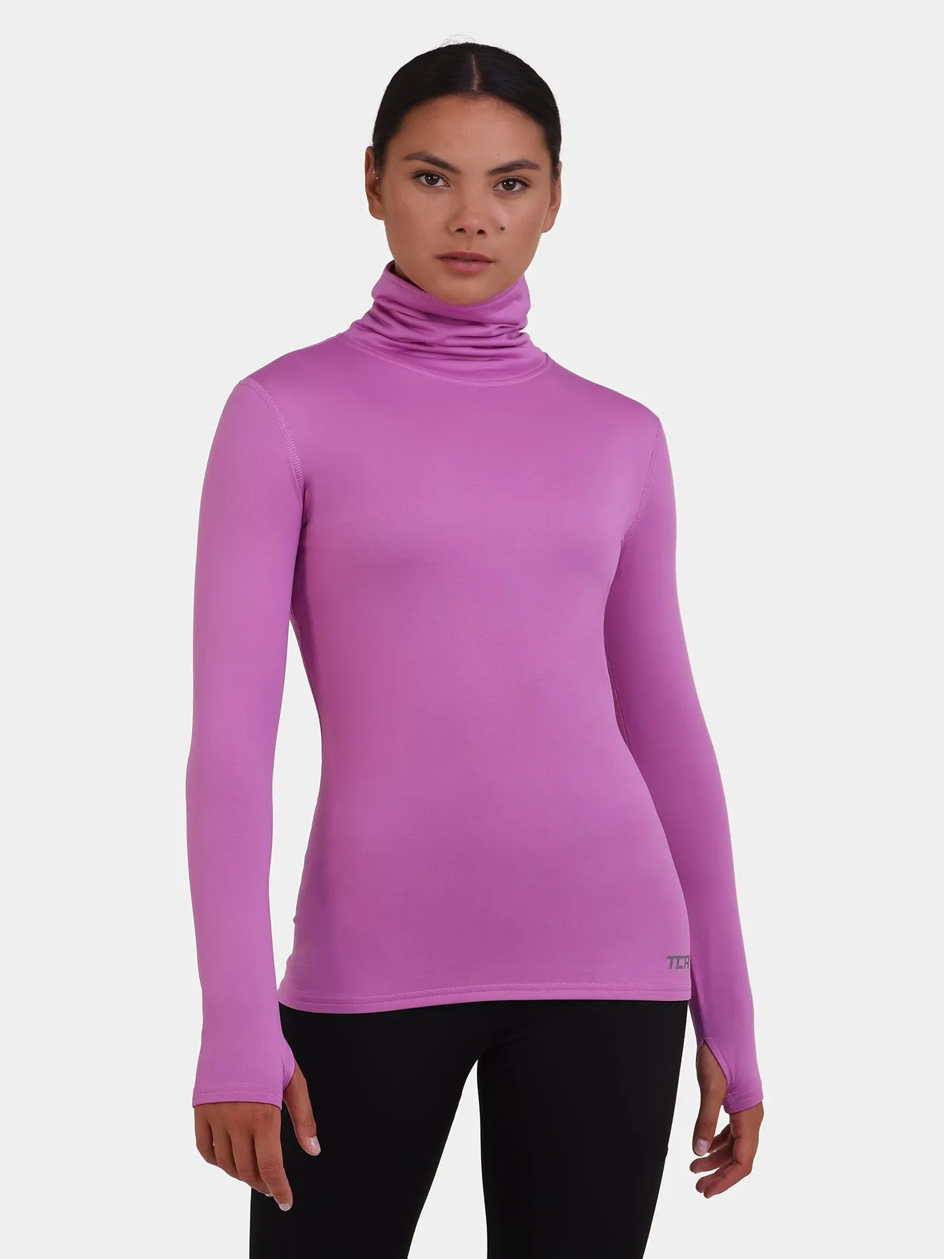 Warm-Up Thermal Long Sleeve Funnel Neck Top For Women With Brushed Inner Fabric, Thumbholes & Reflective Strips