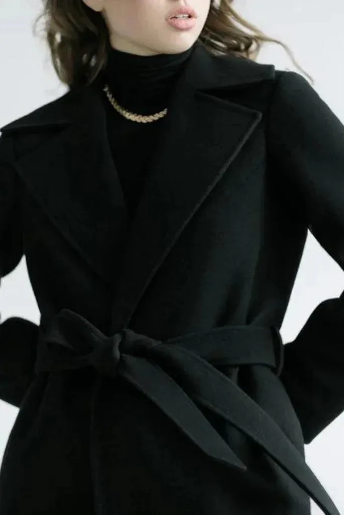 Women Black Wool Overcoat, Classic Winter Black Overcoat for Her