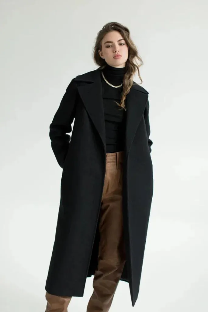 Women Black Wool Overcoat, Classic Winter Black Overcoat for Her