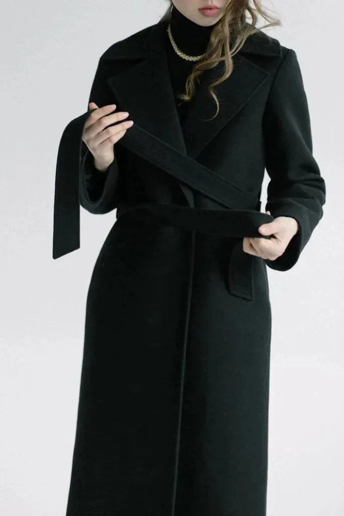 Women Black Wool Overcoat, Classic Winter Black Overcoat for Her