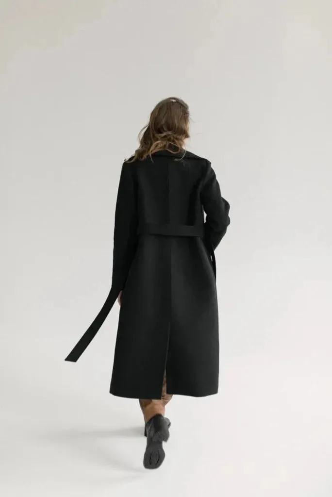 Women Black Wool Overcoat, Classic Winter Black Overcoat for Her