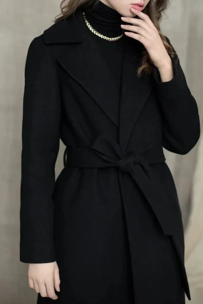 Women Black Wool Overcoat, Classic Winter Black Overcoat for Her