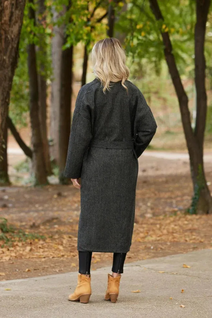 Women Grey Winter Long Coat, Classic Double Breasted Belted Coat For Her