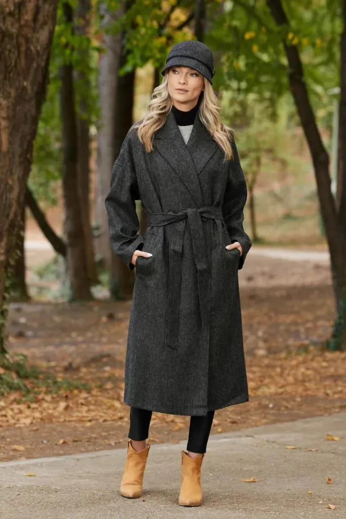 Women Grey Winter Long Coat, Classic Double Breasted Belted Coat For Her