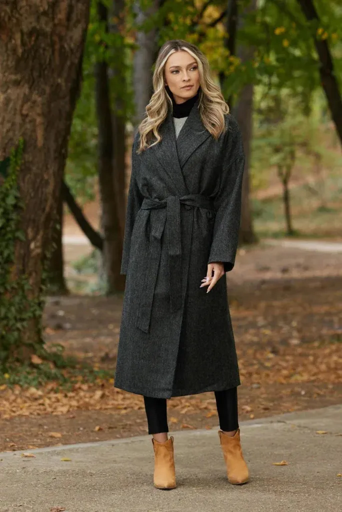 Women Grey Winter Long Coat, Classic Double Breasted Belted Coat For Her