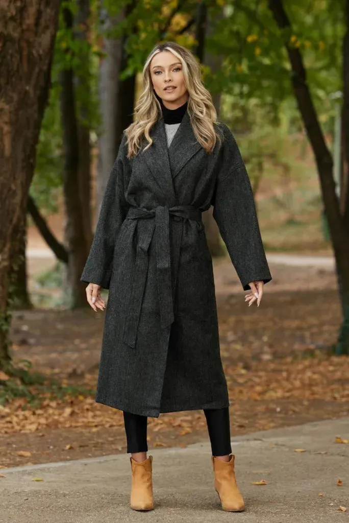 Women Grey Winter Long Coat, Classic Double Breasted Belted Coat For Her