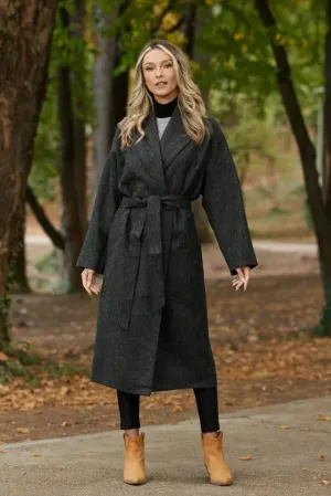 Women Grey Winter Long Coat, Classic Double Breasted Belted Coat For Her