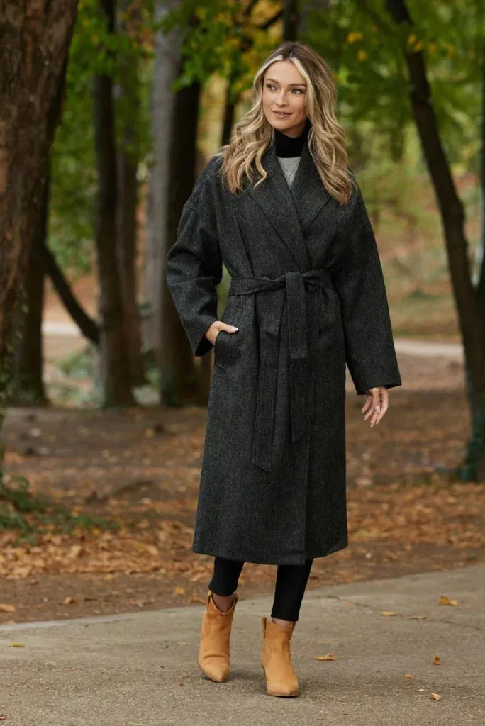 Women Grey Winter Long Coat, Classic Double Breasted Belted Coat For Her