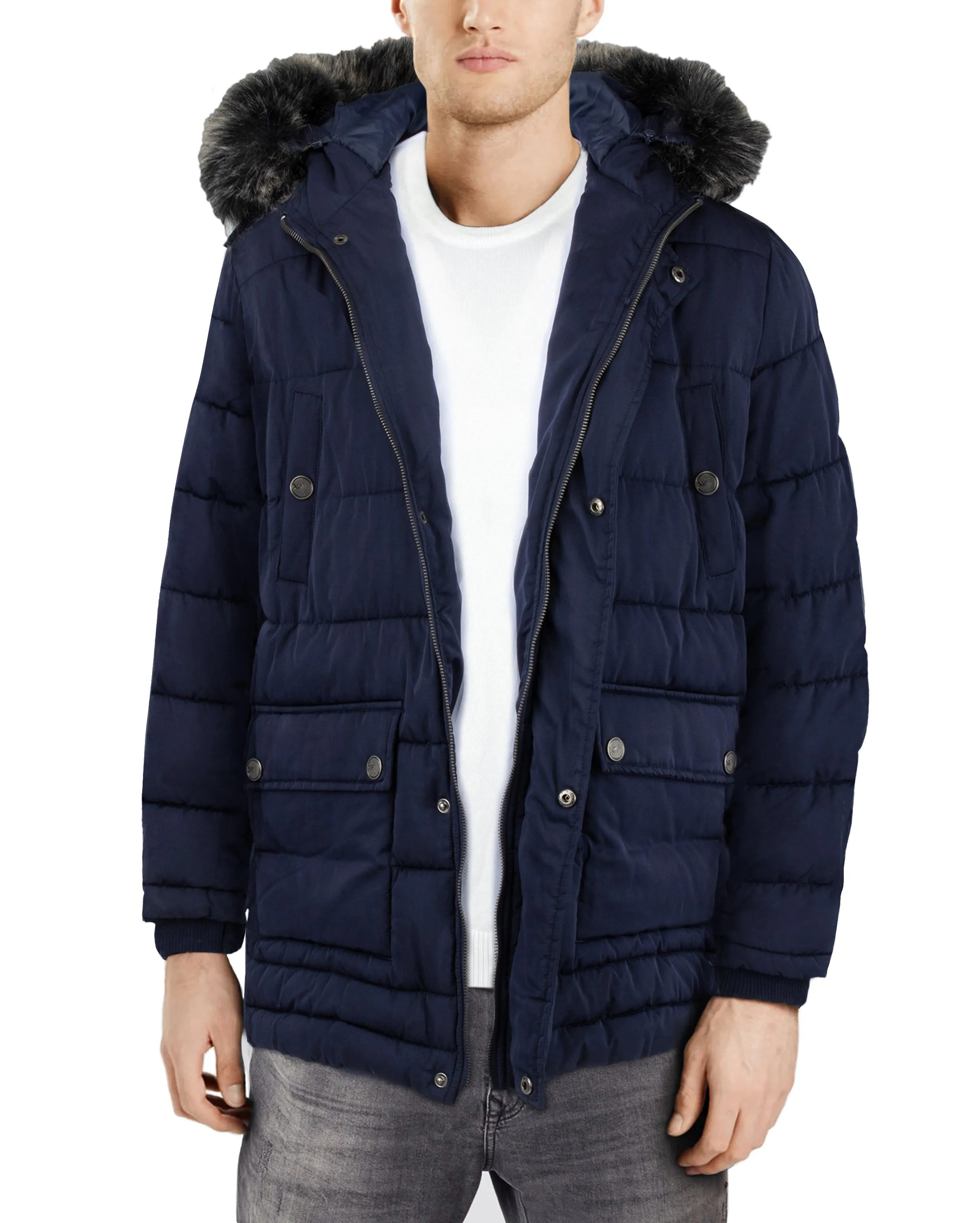 X RAY Men's Hooded Puffer Parka Ski Jacket With Fur Trim